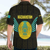 Kazakhstan National Emblem Hawaiian Shirt with Black Tribal Pattern and Sun Eagle Motif