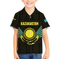Kazakhstan National Emblem Hawaiian Shirt with Black Tribal Pattern and Sun Eagle Motif