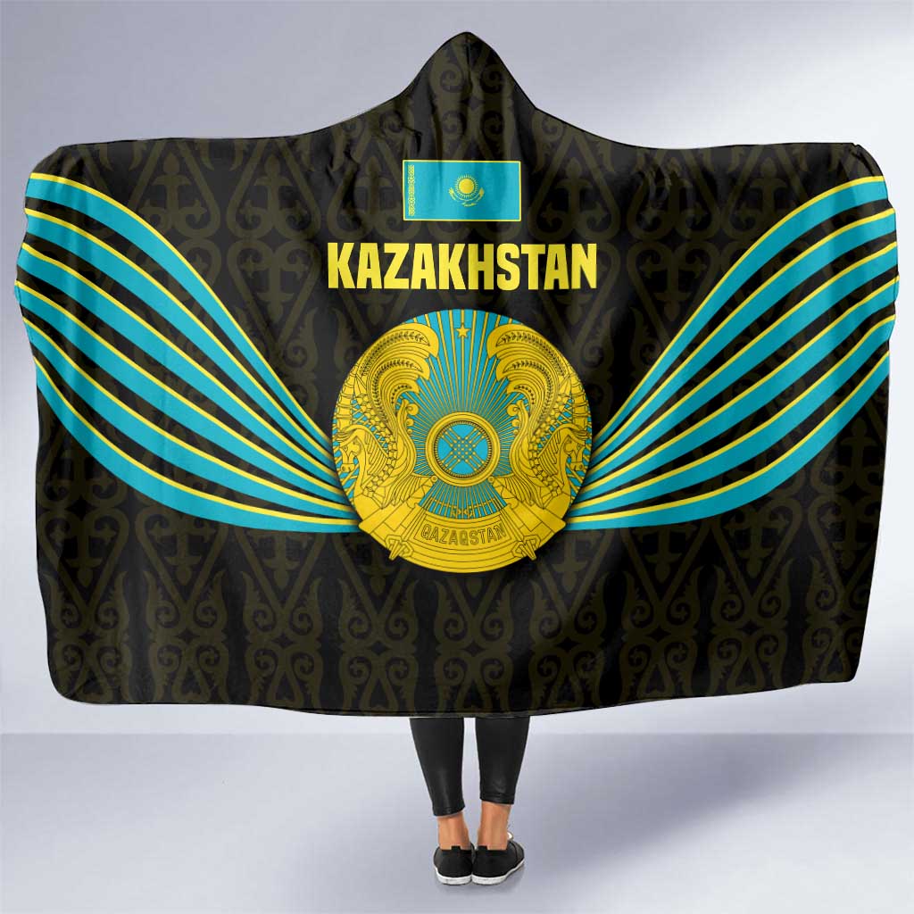Kazakhstan National Emblem Hooded Blanket with Black Tribal Pattern and Sun Eagle Motif