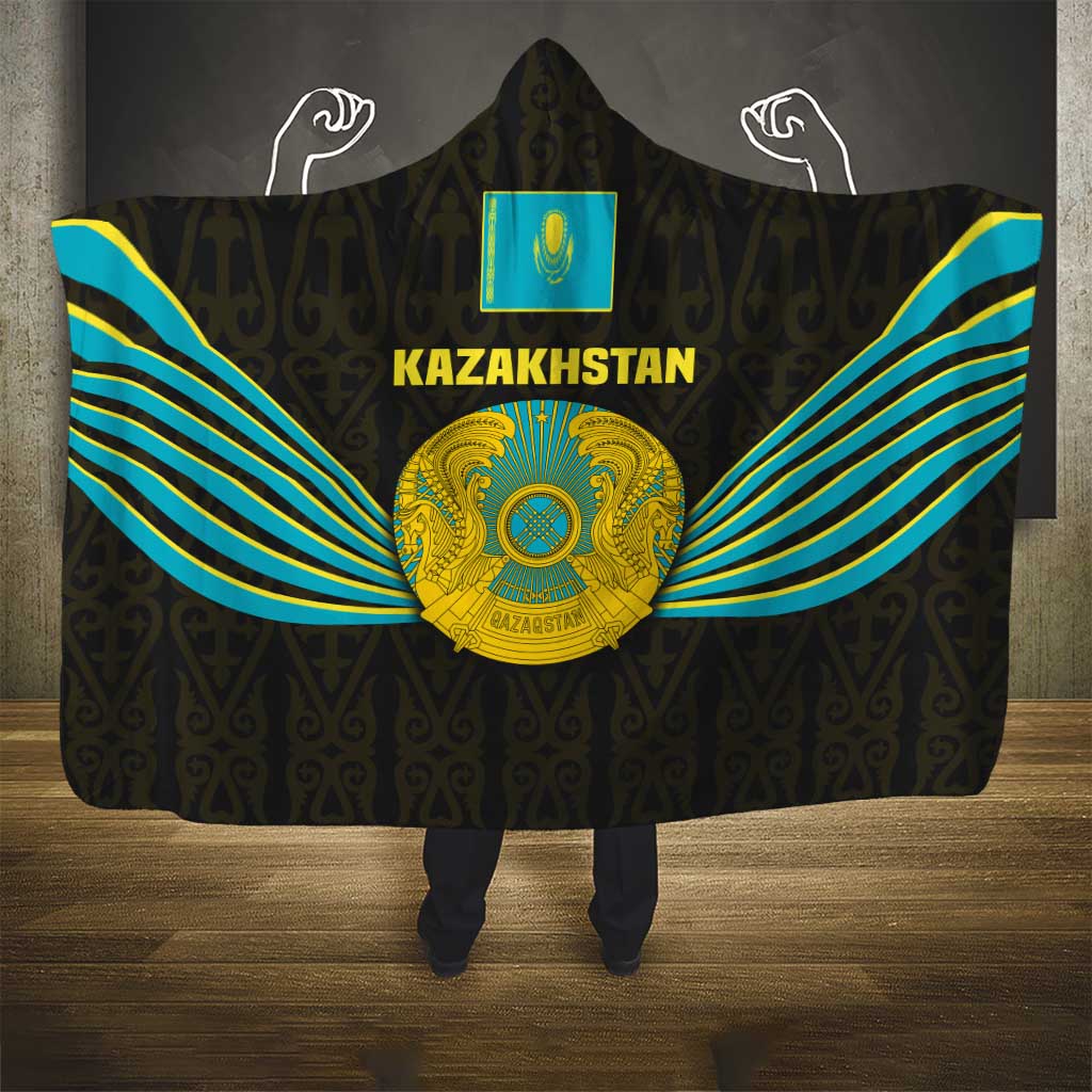 Kazakhstan National Emblem Hooded Blanket with Black Tribal Pattern and Sun Eagle Motif