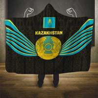 Kazakhstan National Emblem Hooded Blanket with Black Tribal Pattern and Sun Eagle Motif