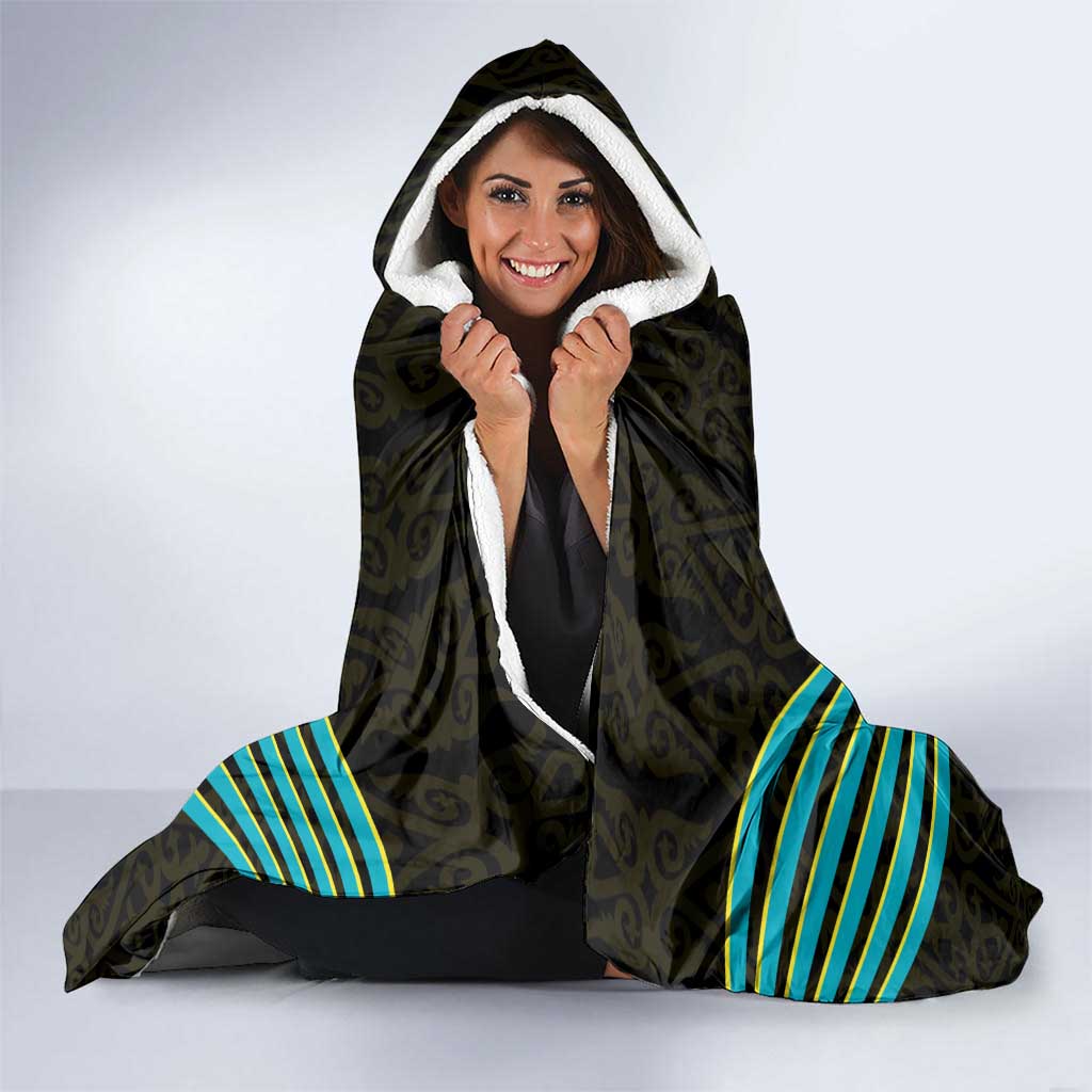 Kazakhstan National Emblem Hooded Blanket with Black Tribal Pattern and Sun Eagle Motif