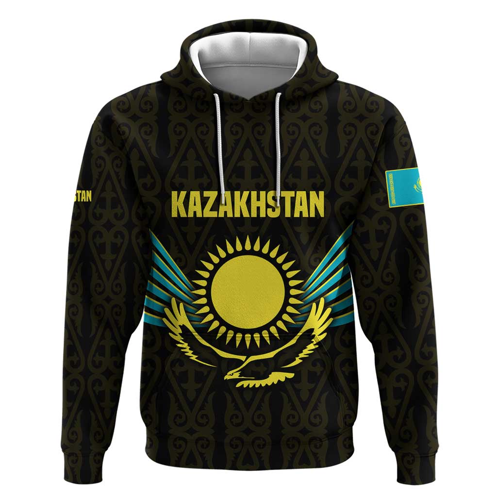 Kazakhstan National Emblem Hoodie with Black Tribal Pattern and Sun Eagle Motif