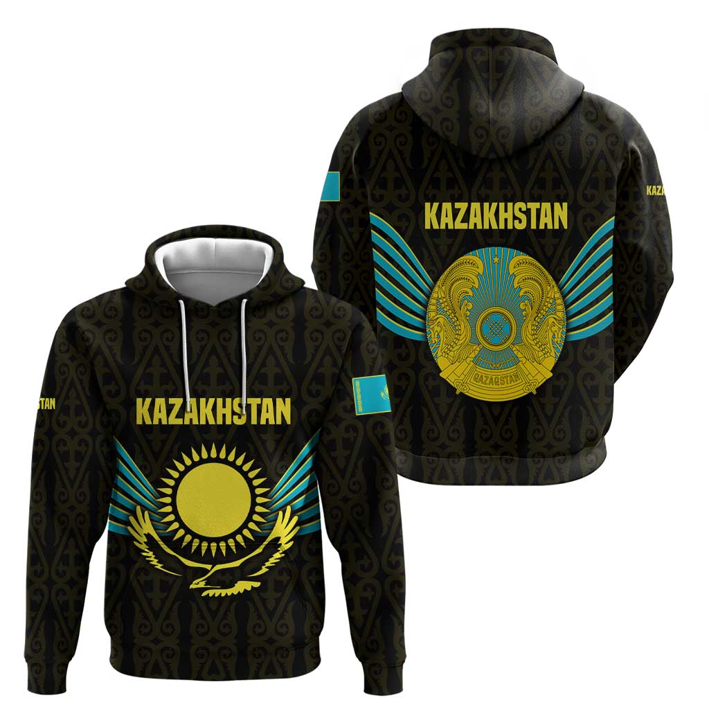 Kazakhstan National Emblem Hoodie with Black Tribal Pattern and Sun Eagle Motif