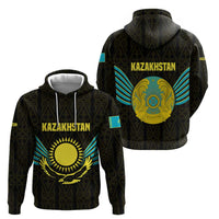 Kazakhstan National Emblem Hoodie with Black Tribal Pattern and Sun Eagle Motif