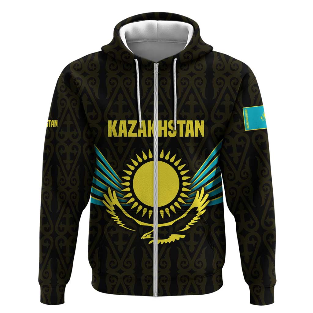 Kazakhstan National Emblem Hoodie with Black Tribal Pattern and Sun Eagle Motif