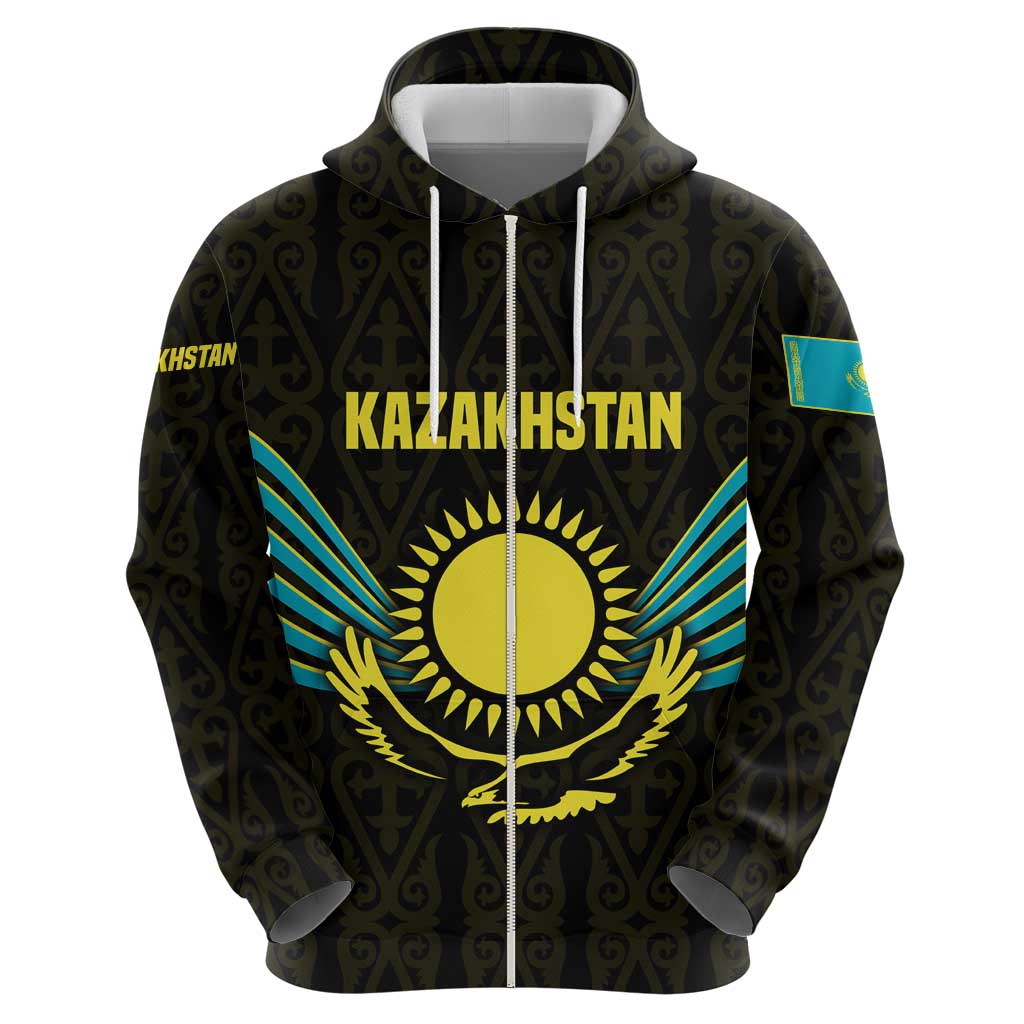Kazakhstan National Emblem Hoodie with Black Tribal Pattern and Sun Eagle Motif