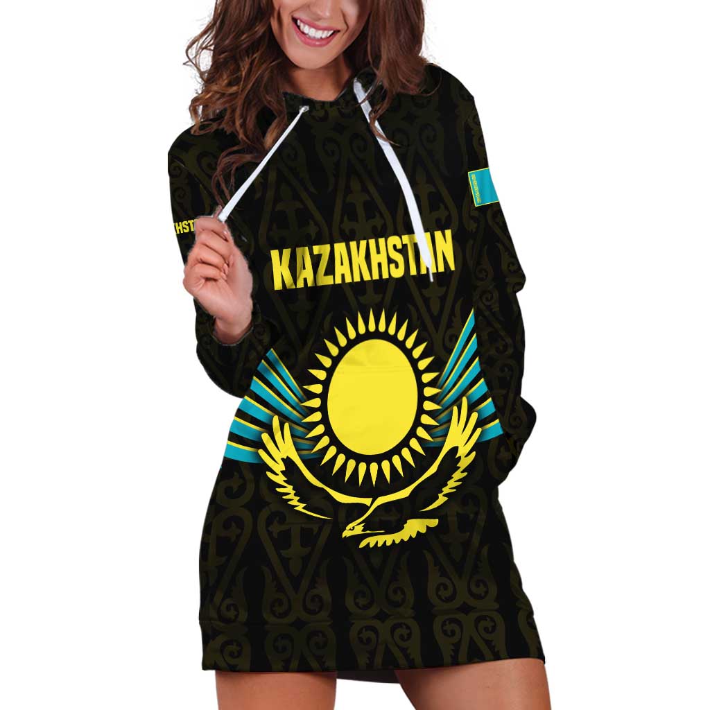 Kazakhstan National Emblem Hoodie Dress with Black Tribal Pattern and Sun Eagle Motif