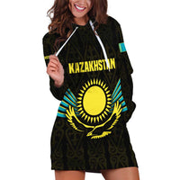 Kazakhstan National Emblem Hoodie Dress with Black Tribal Pattern and Sun Eagle Motif