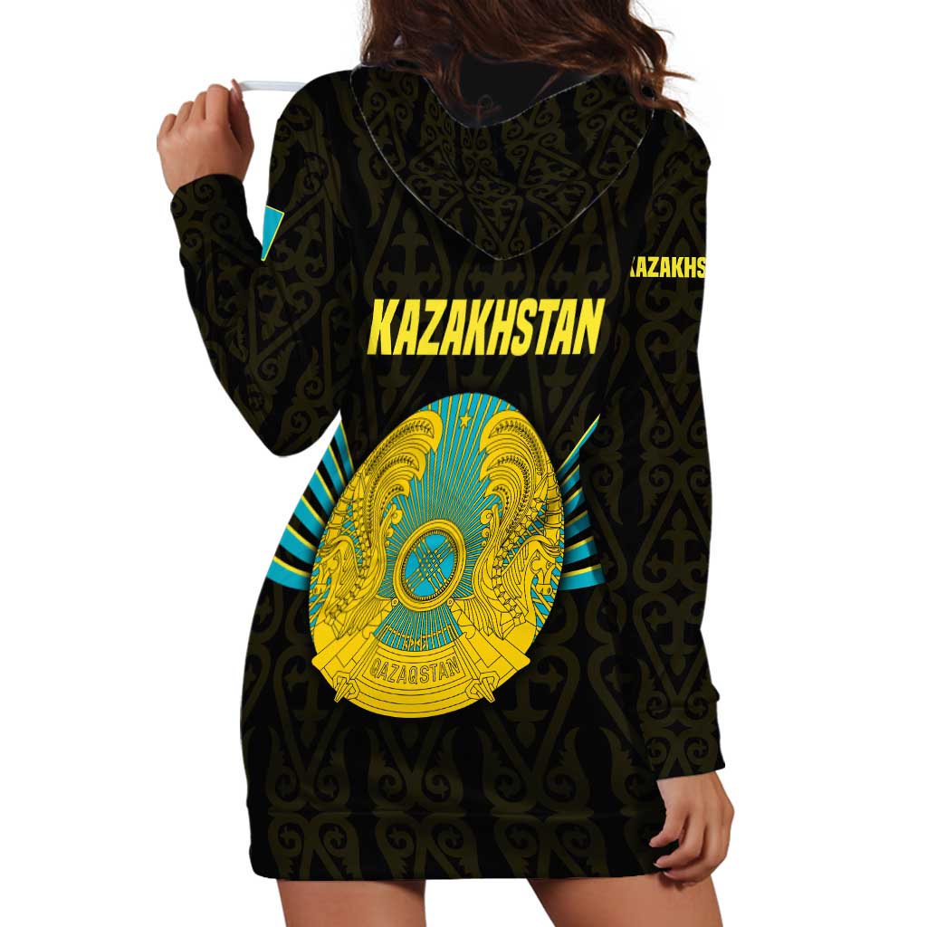 Kazakhstan National Emblem Hoodie Dress with Black Tribal Pattern and Sun Eagle Motif