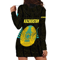 Kazakhstan National Emblem Hoodie Dress with Black Tribal Pattern and Sun Eagle Motif