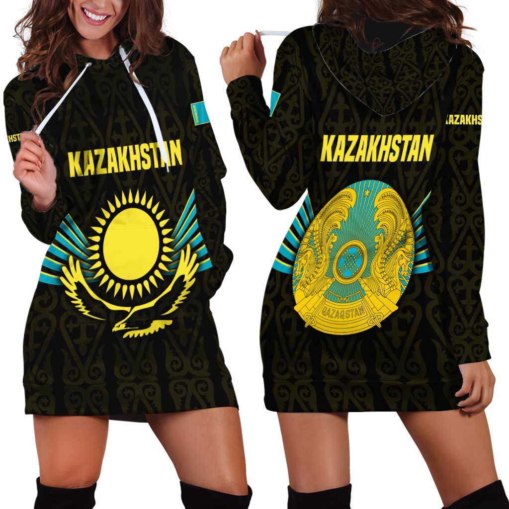 Kazakhstan National Emblem Hoodie Dress with Black Tribal Pattern and Sun Eagle Motif