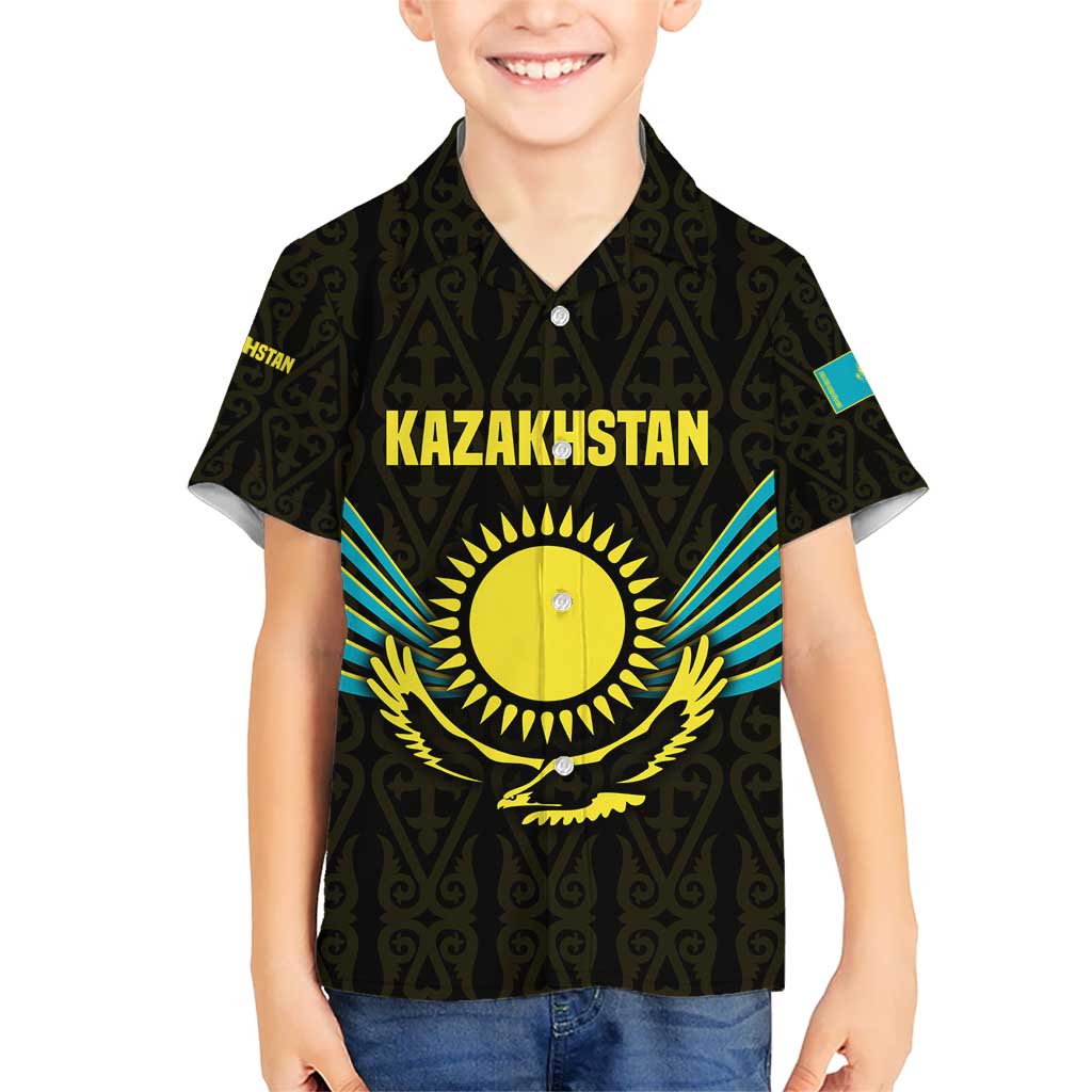 Kazakhstan National Emblem Kid Hawaiian Shirt with Black Tribal Pattern and Sun Eagle Motif