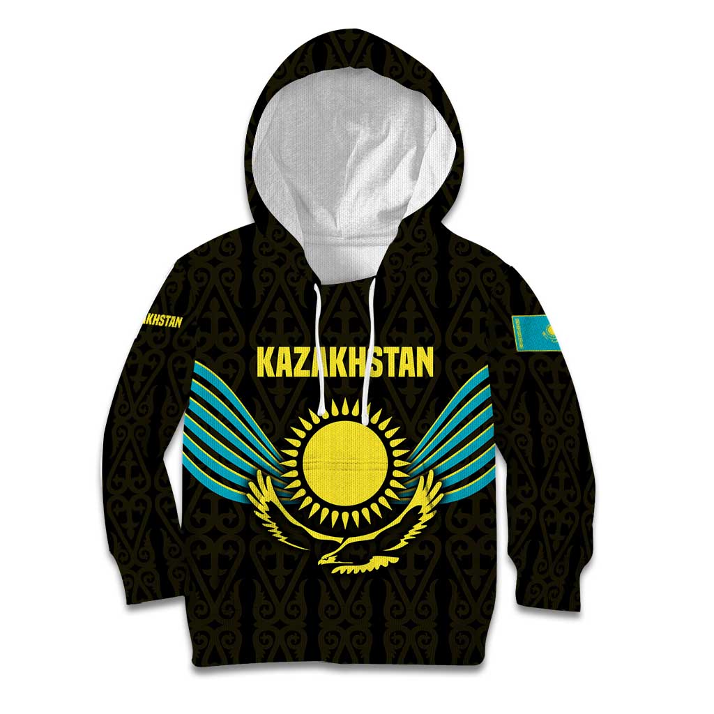 Kazakhstan National Emblem Kid Hoodie with Black Tribal Pattern and Sun Eagle Motif