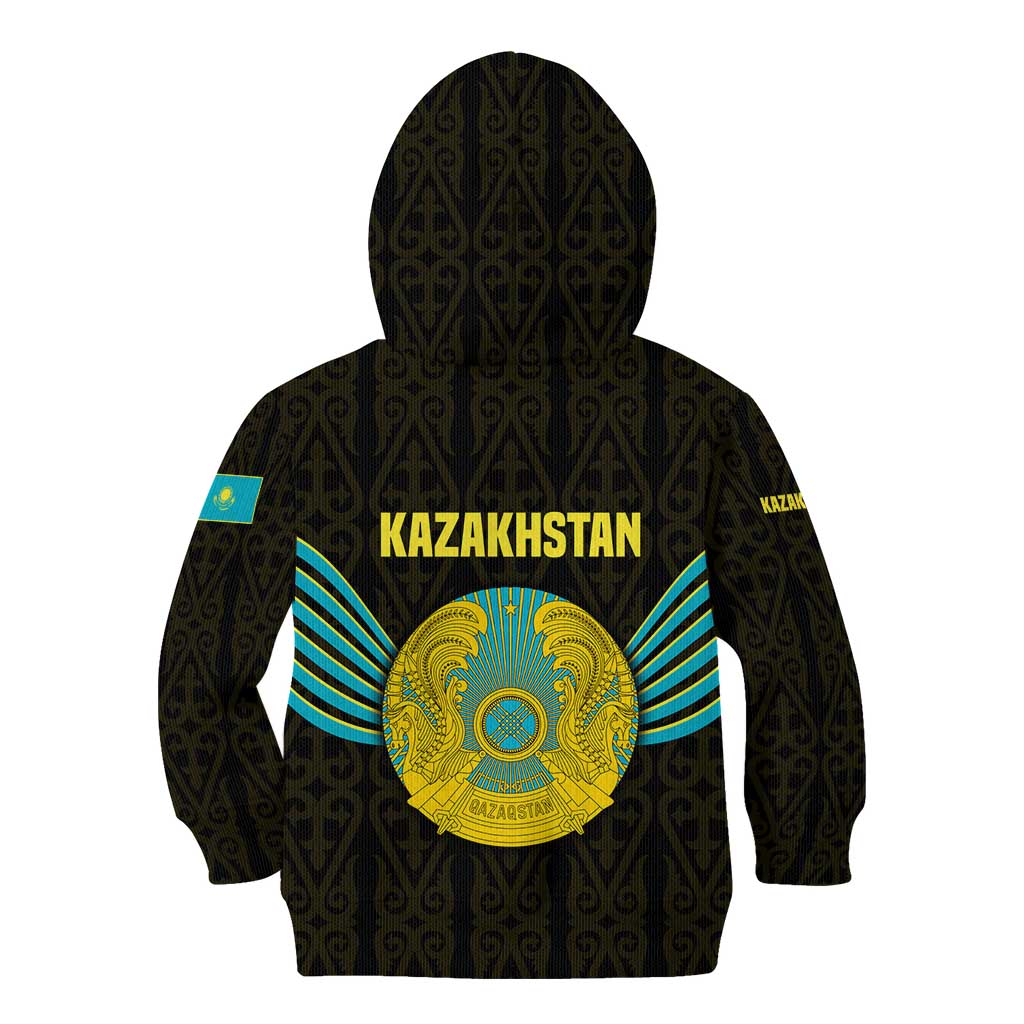 Kazakhstan National Emblem Kid Hoodie with Black Tribal Pattern and Sun Eagle Motif