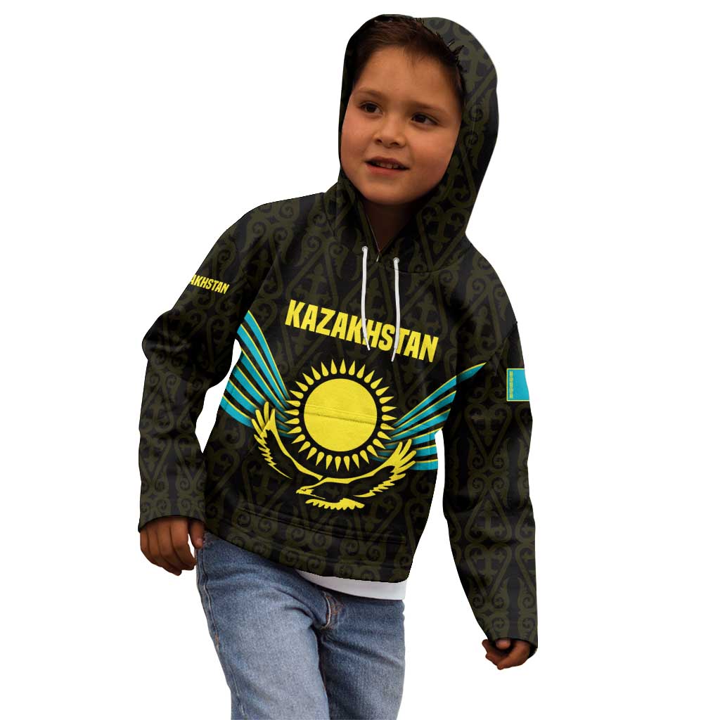 Kazakhstan National Emblem Kid Hoodie with Black Tribal Pattern and Sun Eagle Motif