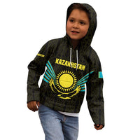 Kazakhstan National Emblem Kid Hoodie with Black Tribal Pattern and Sun Eagle Motif