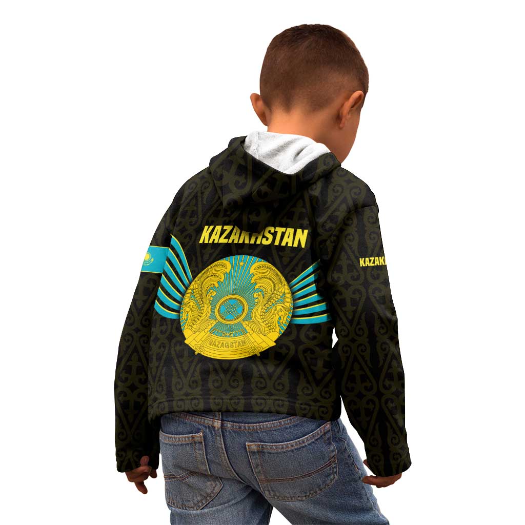 Kazakhstan National Emblem Kid Hoodie with Black Tribal Pattern and Sun Eagle Motif