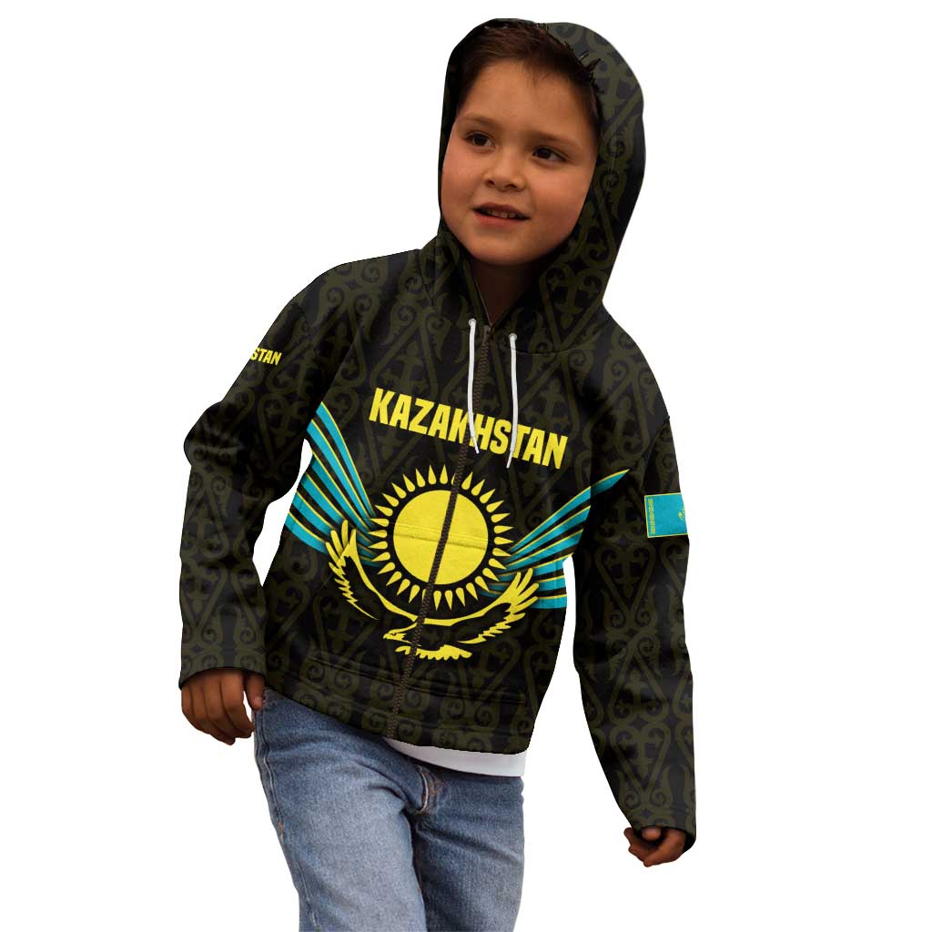 Kazakhstan National Emblem Kid Hoodie with Black Tribal Pattern and Sun Eagle Motif