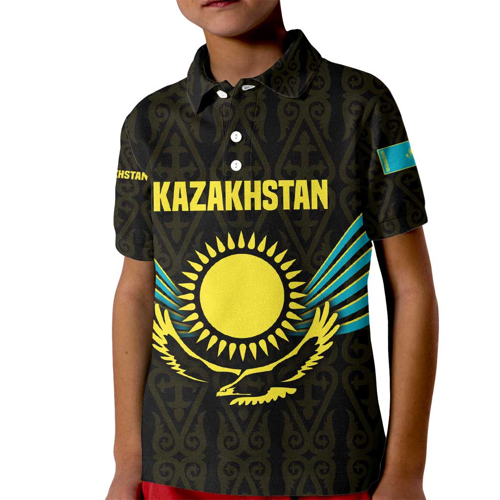 Kazakhstan National Emblem Kid Polo Shirt with Black Tribal Pattern and Sun Eagle Motif