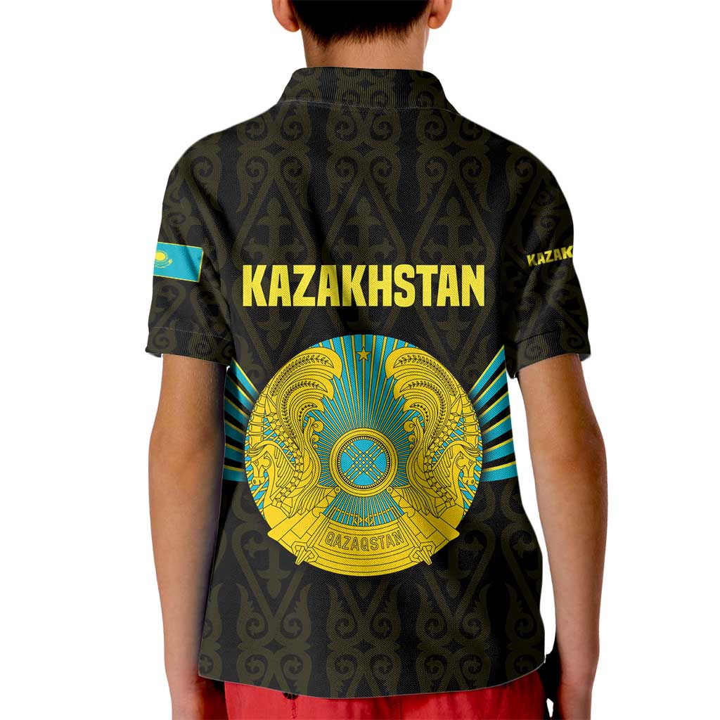 Kazakhstan National Emblem Kid Polo Shirt with Black Tribal Pattern and Sun Eagle Motif
