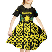Kazakhstan National Emblem Kid Short Sleeve Dress with Black Tribal Pattern and Sun Eagle Motif