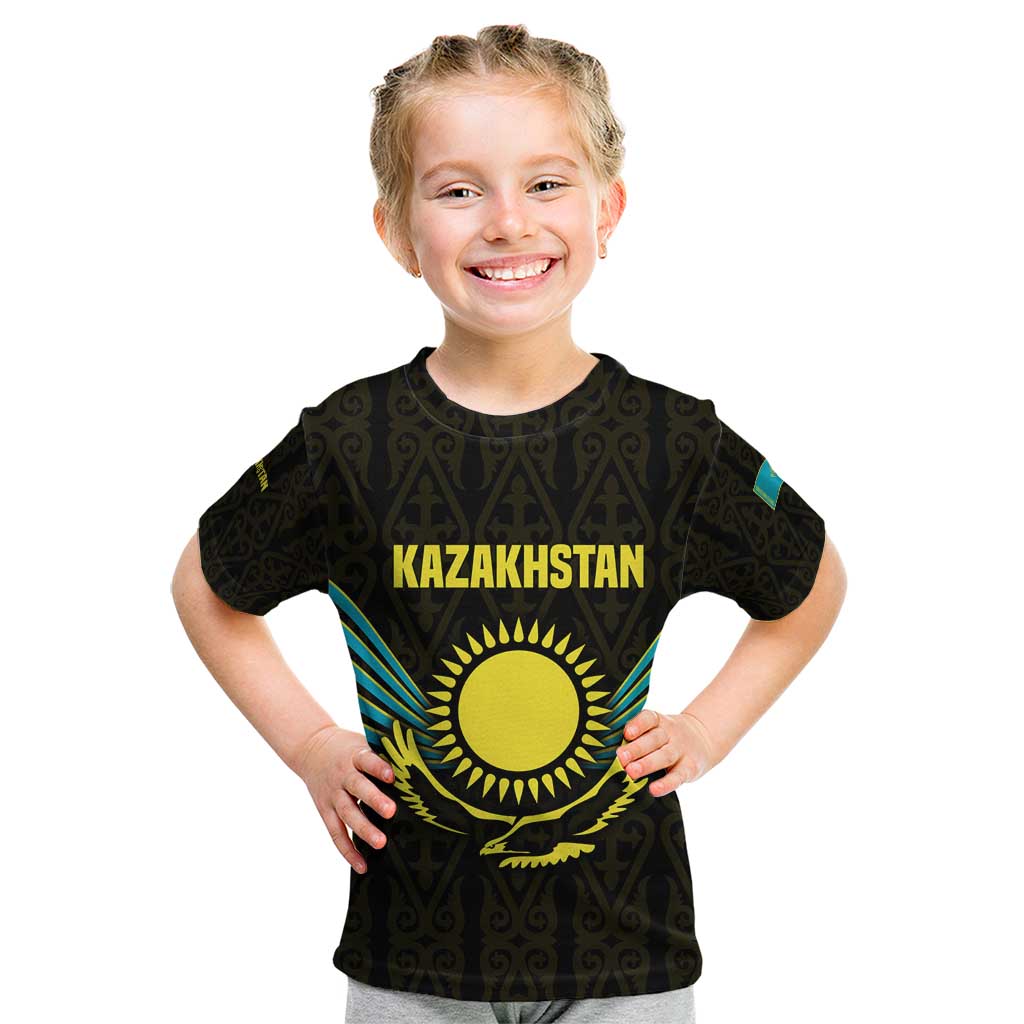 Kazakhstan National Emblem Kid T Shirt with Black Tribal Pattern and Sun Eagle Motif