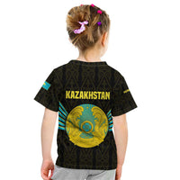 Kazakhstan National Emblem Kid T Shirt with Black Tribal Pattern and Sun Eagle Motif