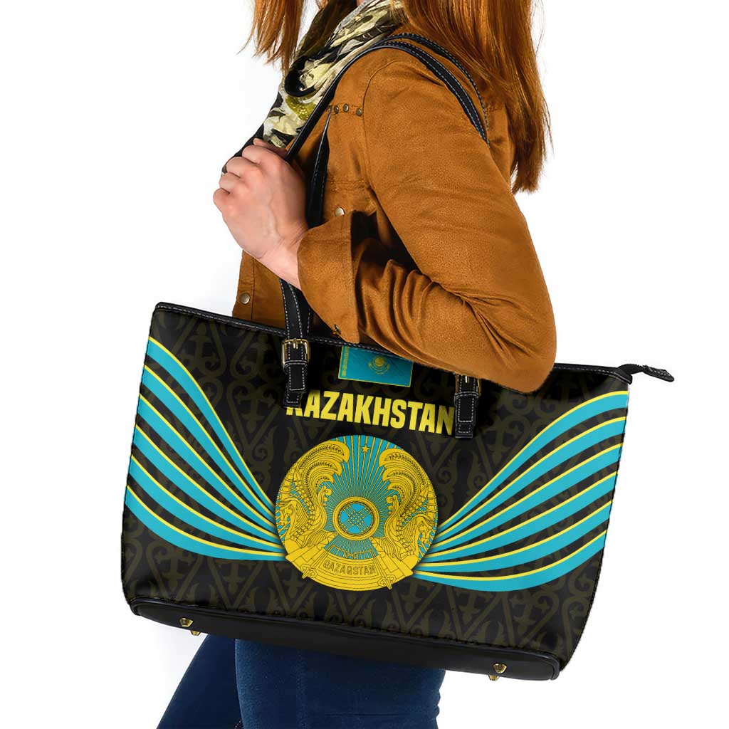 Kazakhstan National Emblem Leather Tote Bag with Black Tribal Pattern and Sun Eagle Motif