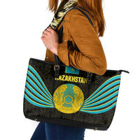 Kazakhstan National Emblem Leather Tote Bag with Black Tribal Pattern and Sun Eagle Motif