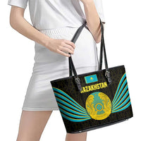 Kazakhstan National Emblem Leather Tote Bag with Black Tribal Pattern and Sun Eagle Motif