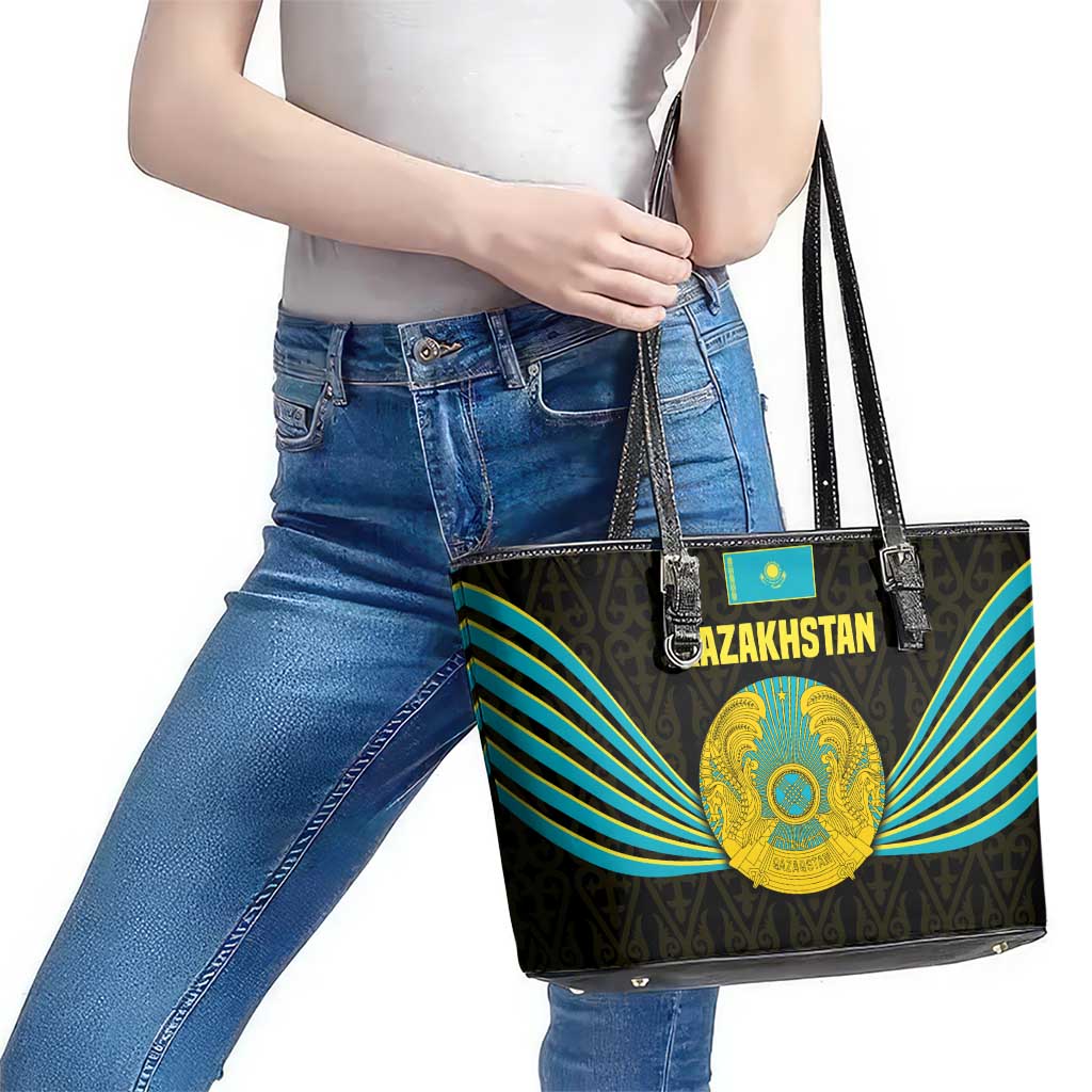 Kazakhstan National Emblem Leather Tote Bag with Black Tribal Pattern and Sun Eagle Motif