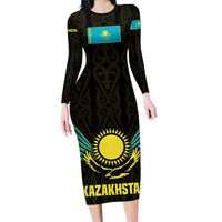 Kazakhstan National Emblem Long Sleeve Bodycon Dress with Black Tribal Pattern and Sun Eagle Motif