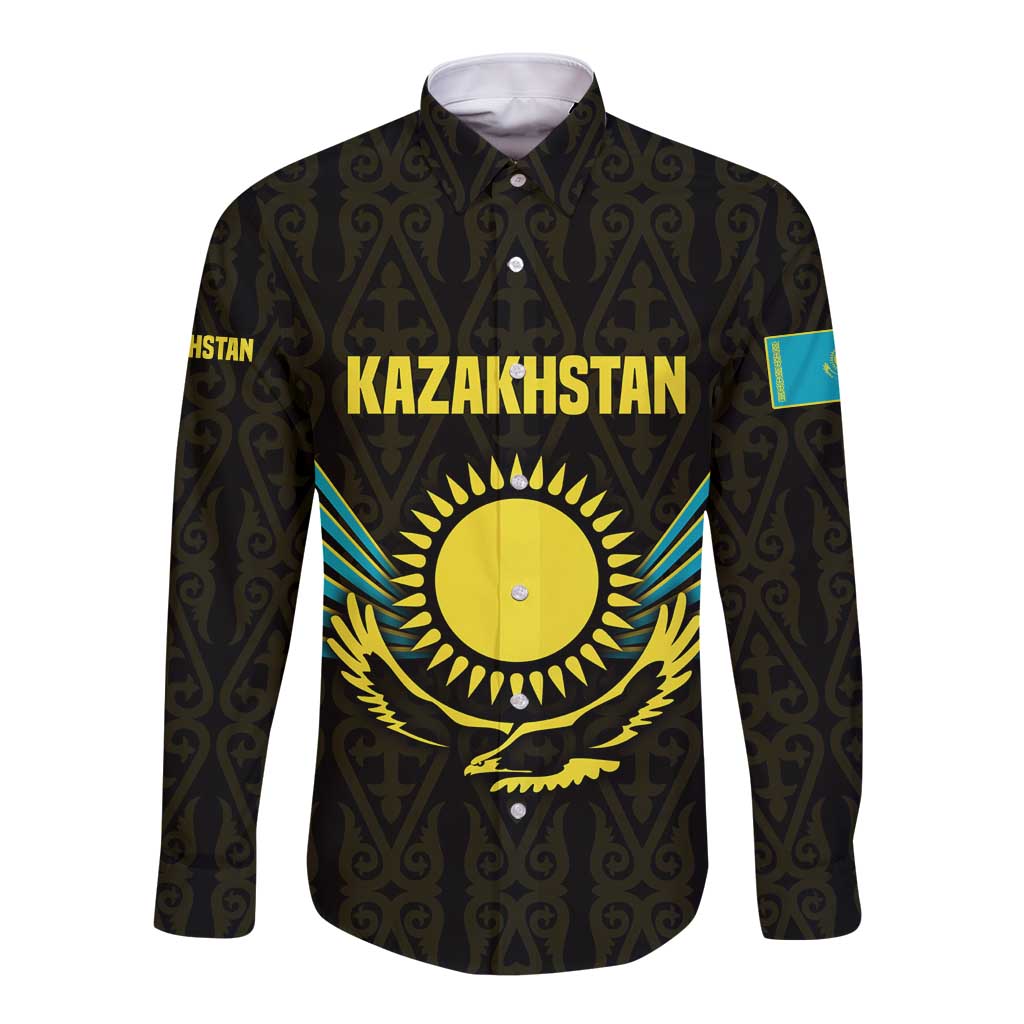 Kazakhstan National Emblem Long Sleeve Button Shirt with Black Tribal Pattern and Sun Eagle Motif