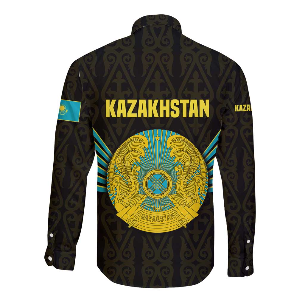 Kazakhstan National Emblem Long Sleeve Button Shirt with Black Tribal Pattern and Sun Eagle Motif