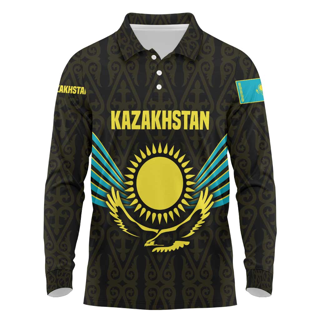Kazakhstan National Emblem Long Sleeve Polo Shirt with Black Tribal Pattern and Sun Eagle Motif