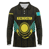 Kazakhstan National Emblem Long Sleeve Polo Shirt with Black Tribal Pattern and Sun Eagle Motif