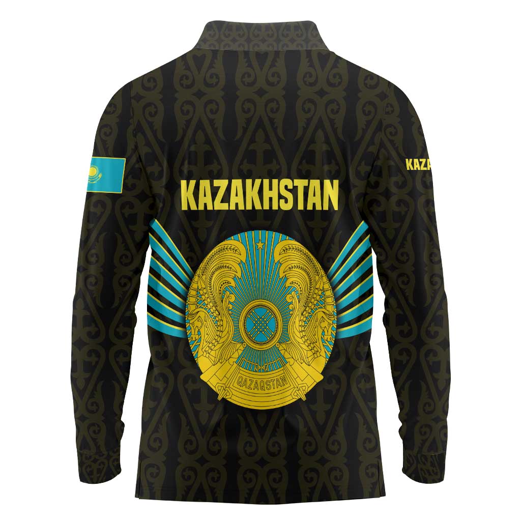 Kazakhstan National Emblem Long Sleeve Polo Shirt with Black Tribal Pattern and Sun Eagle Motif