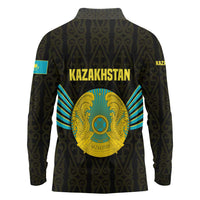 Kazakhstan National Emblem Long Sleeve Polo Shirt with Black Tribal Pattern and Sun Eagle Motif