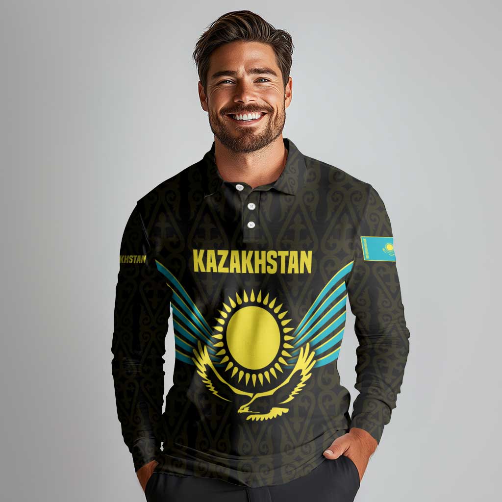 Kazakhstan National Emblem Long Sleeve Polo Shirt with Black Tribal Pattern and Sun Eagle Motif