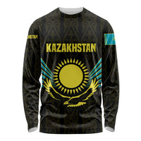 Kazakhstan National Emblem Long Sleeve Shirt with Black Tribal Pattern and Sun Eagle Motif