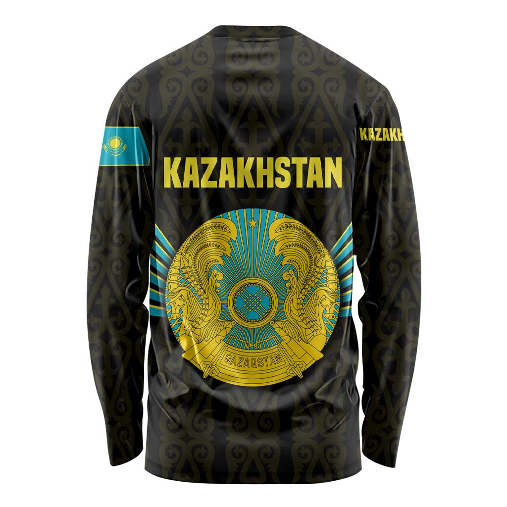 Kazakhstan National Emblem Long Sleeve Shirt with Black Tribal Pattern and Sun Eagle Motif