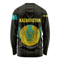Kazakhstan National Emblem Long Sleeve Shirt with Black Tribal Pattern and Sun Eagle Motif