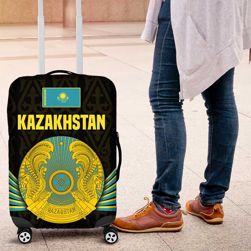 Kazakhstan National Emblem Luggage Cover with Black Tribal Pattern and Sun Eagle Motif