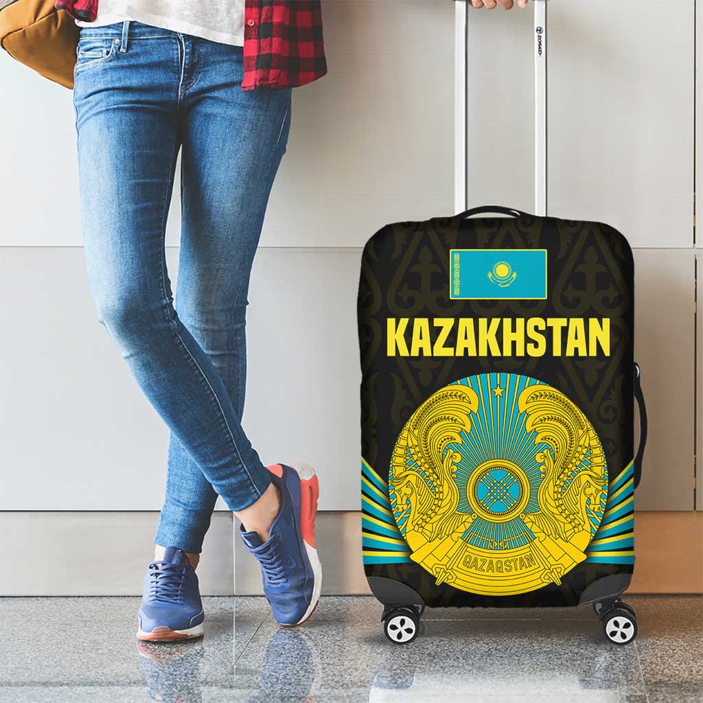 Kazakhstan National Emblem Luggage Cover with Black Tribal Pattern and Sun Eagle Motif