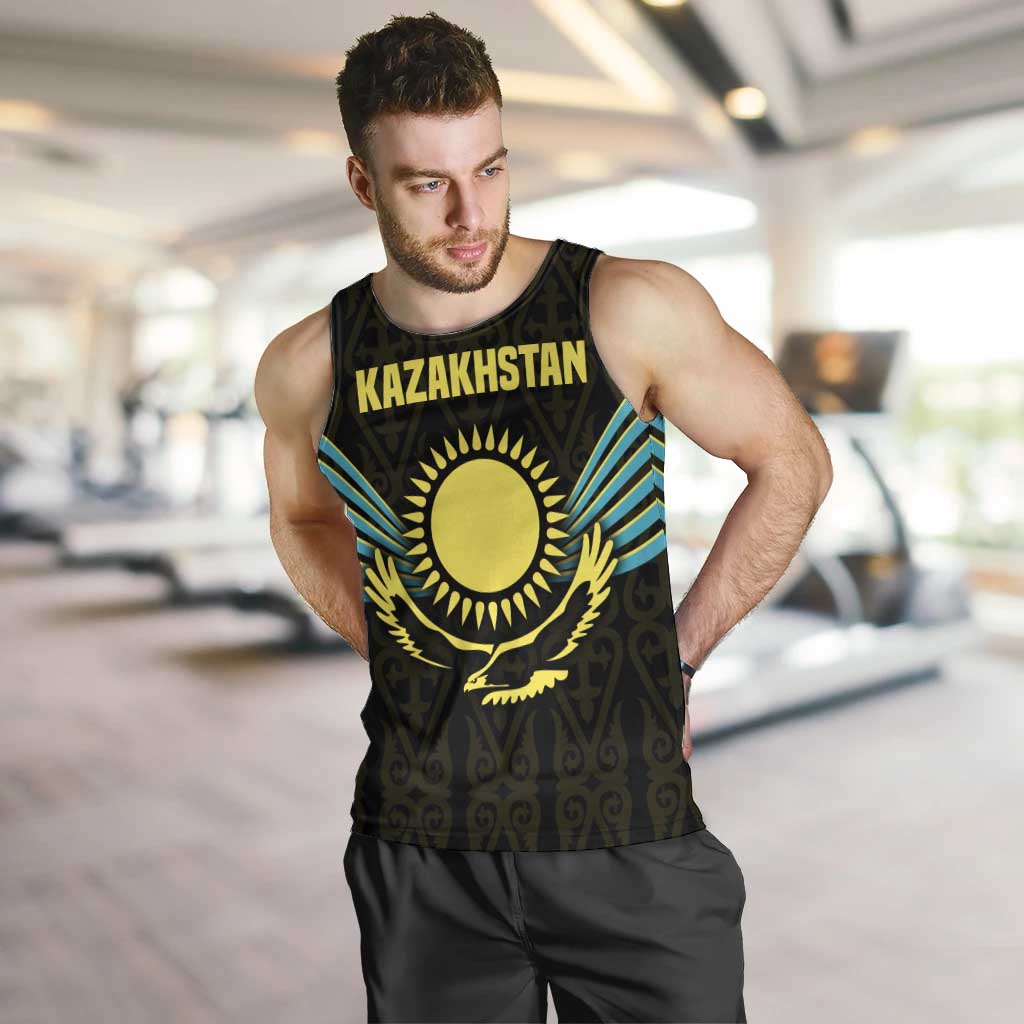 Kazakhstan National Emblem Men Tank Top with Black Tribal Pattern and Sun Eagle Motif