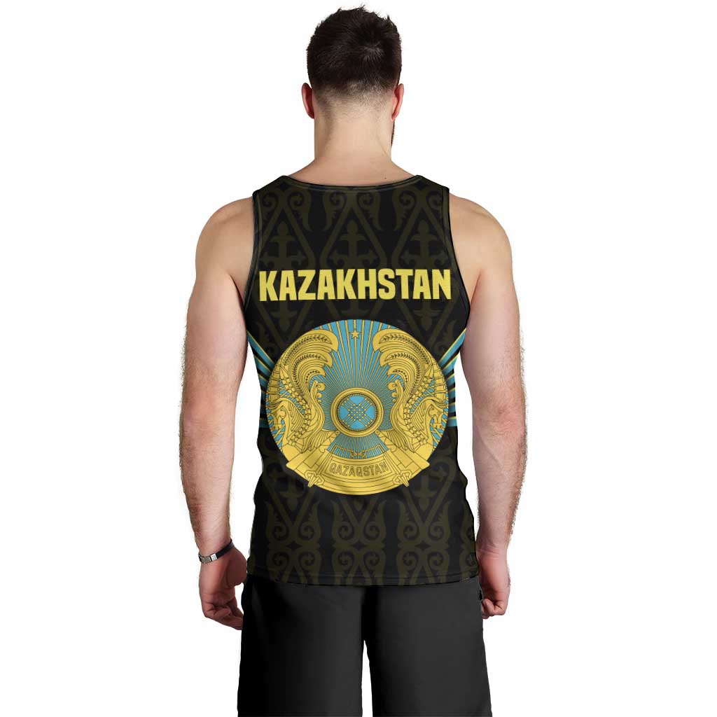Kazakhstan National Emblem Men Tank Top with Black Tribal Pattern and Sun Eagle Motif