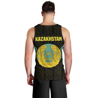 Kazakhstan National Emblem Men Tank Top with Black Tribal Pattern and Sun Eagle Motif