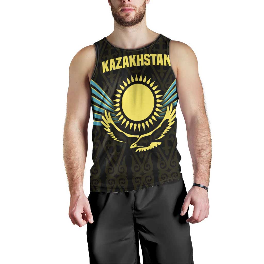 Kazakhstan National Emblem Men Tank Top with Black Tribal Pattern and Sun Eagle Motif