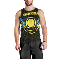 Kazakhstan National Emblem Men Tank Top with Black Tribal Pattern and Sun Eagle Motif